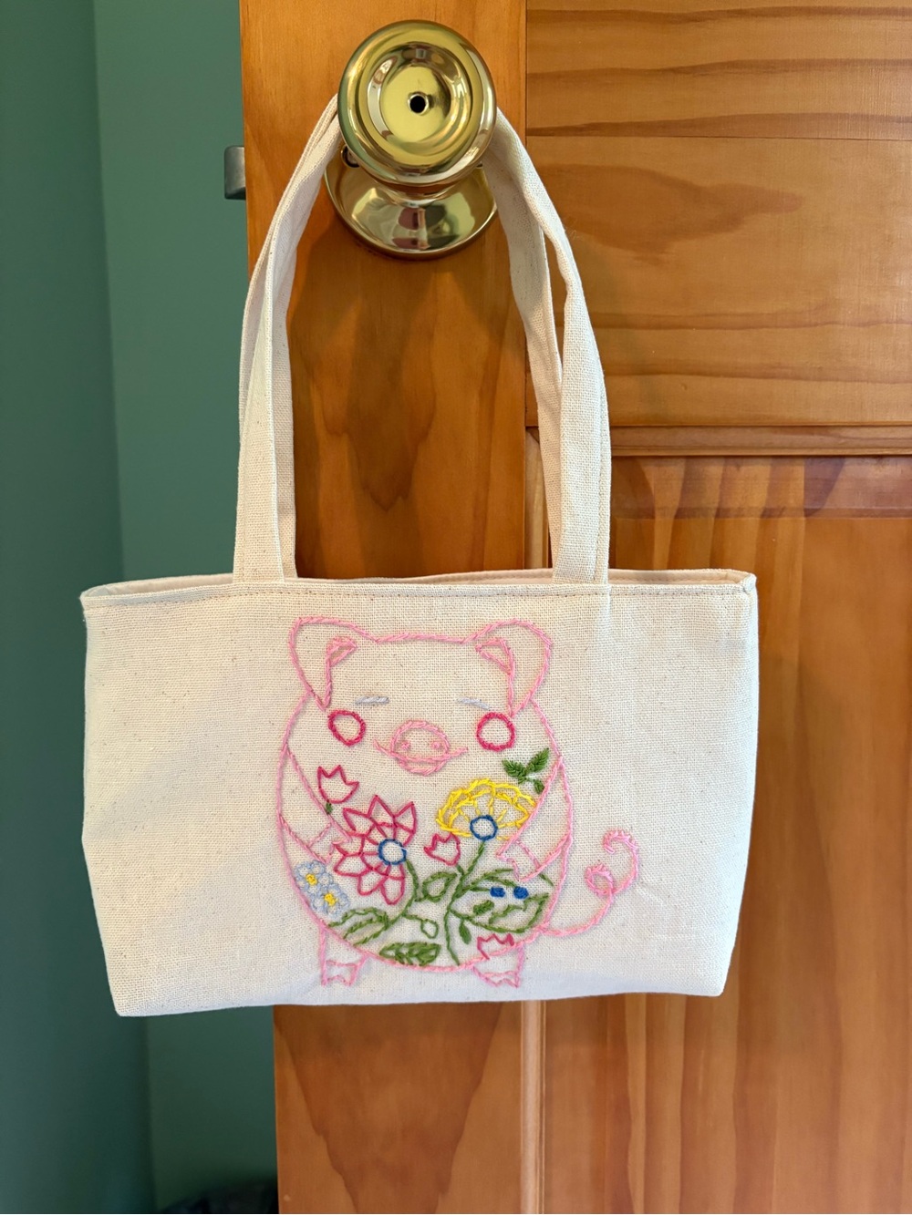 Embroidered Pig Mini Tote